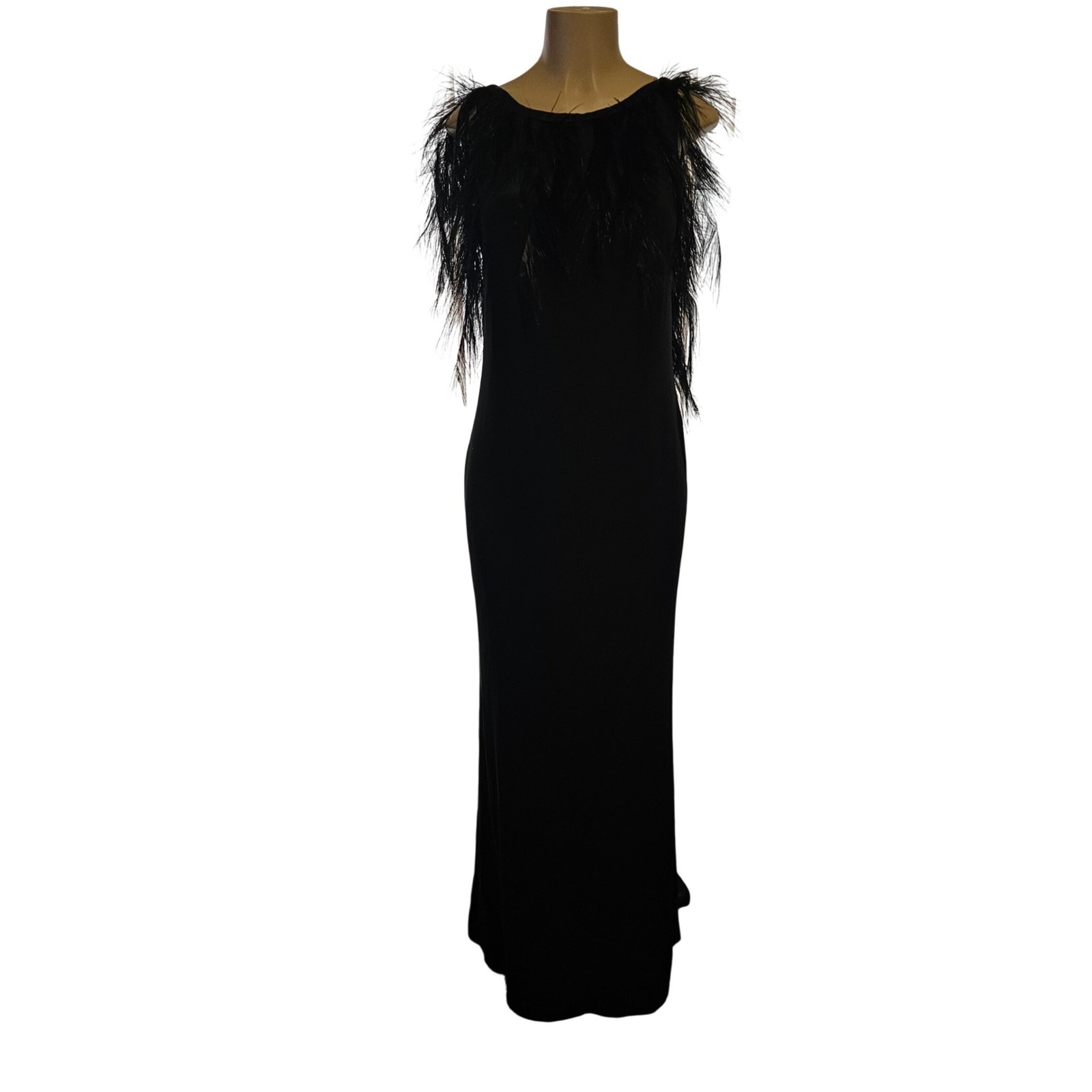 Azzaro Paris Black Silk Feather Trim Backless Evening Gown Dress France 44